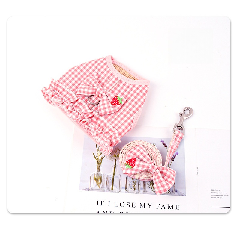 Pink Gingham Dog Harness with Strawberry Detail and Matching Leash